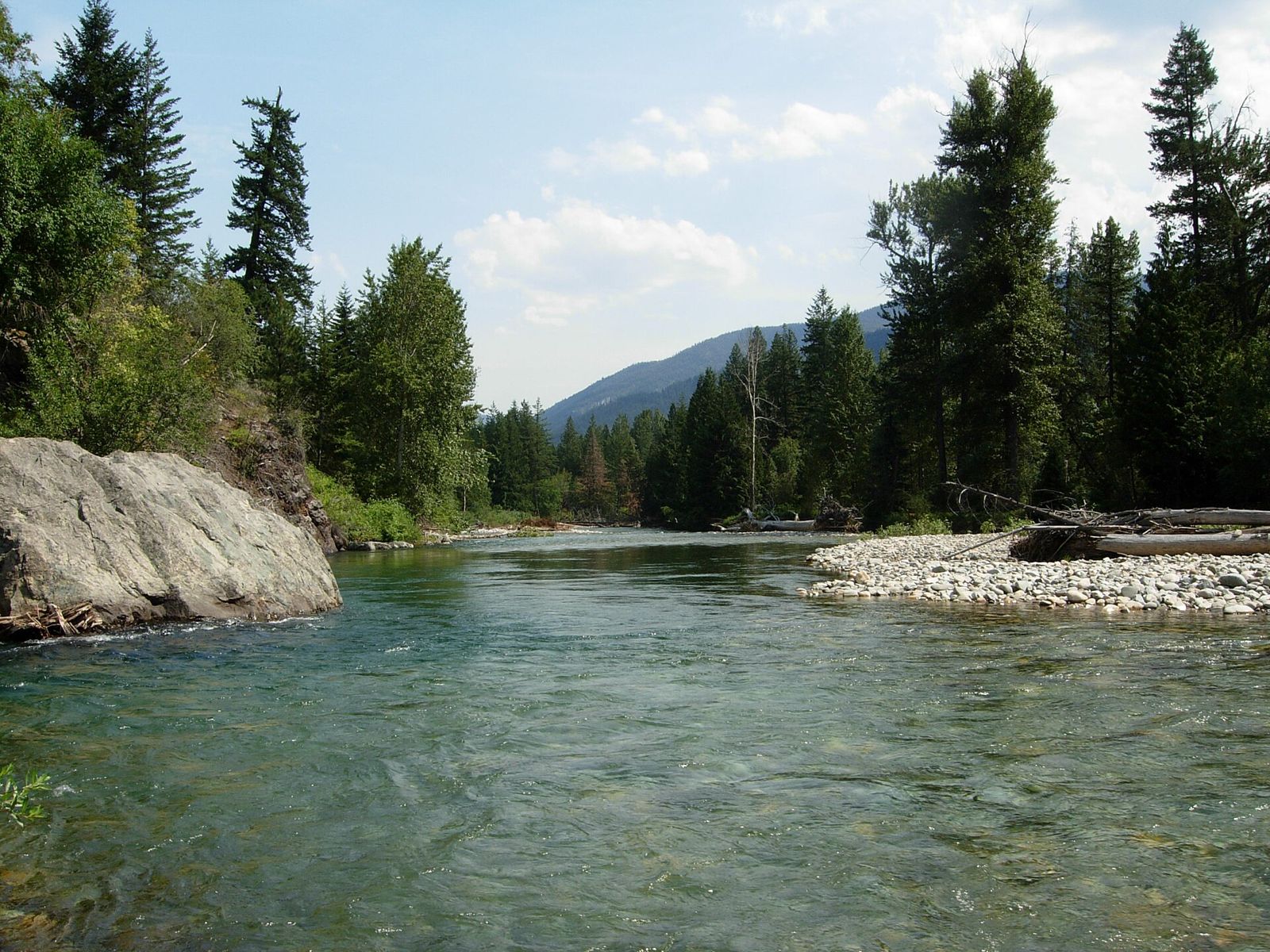 Clear water of the Methow River flowing past a rocky bank and pine trees