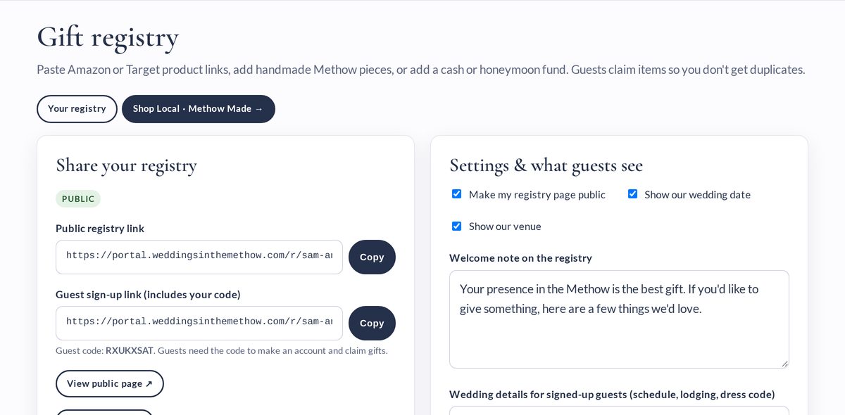 The couple's registry builder in the Weddings in the Methow planning portal