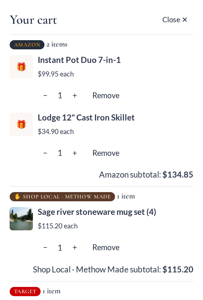 Guest cart grouped by store: Amazon, Methow Made and Target