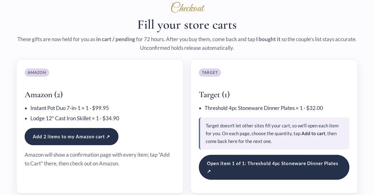 Registry checkout page with Amazon and Target sections