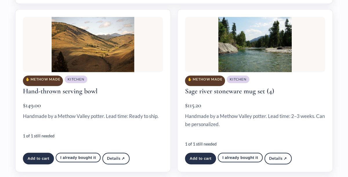 Methow Made handmade pieces on a registry