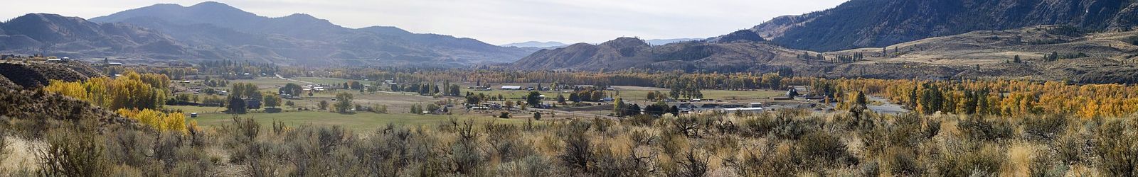 Wide panorama of the Methow Valley southeast of Twisp with hills and sagebrush