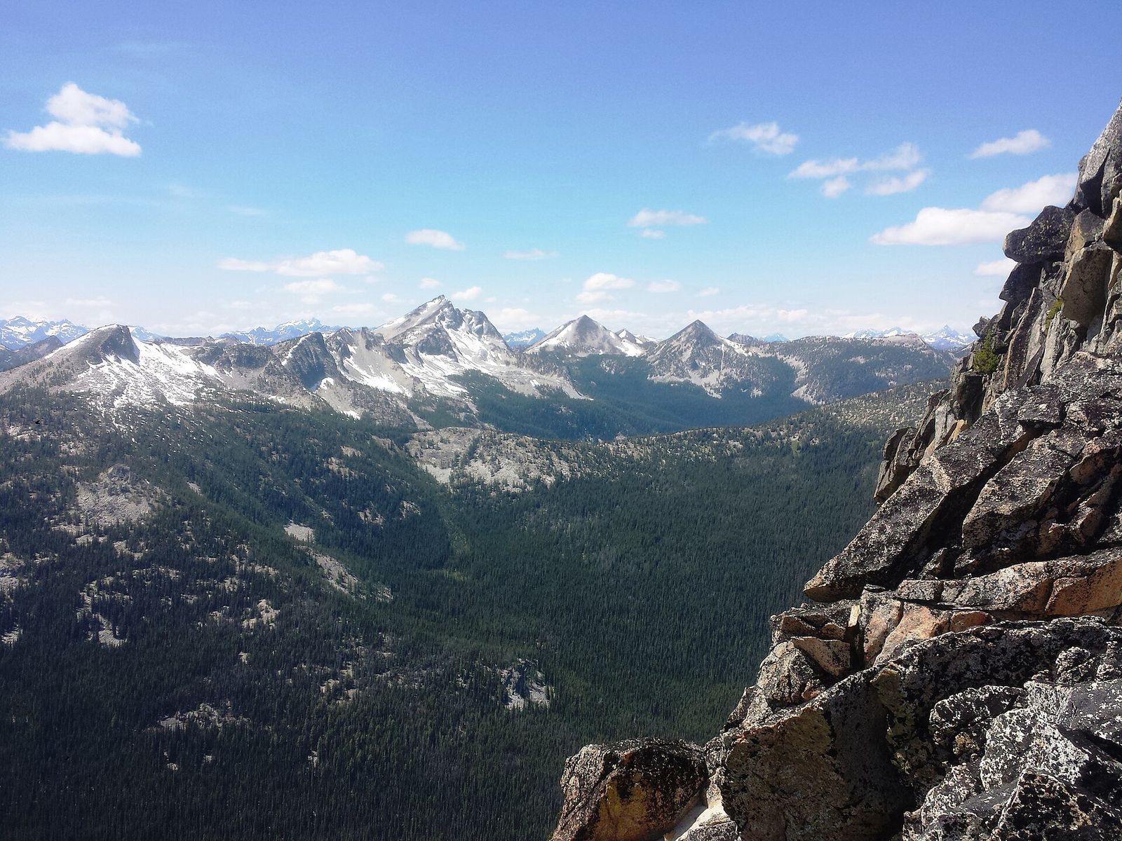 Rocky alpine slopes and green subalpine trees looking across a deep mountain valley in the Sawtooth range