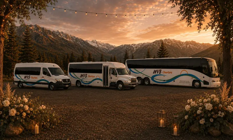 Sprinter van, minibus and motorcoach at a mountain wedding site